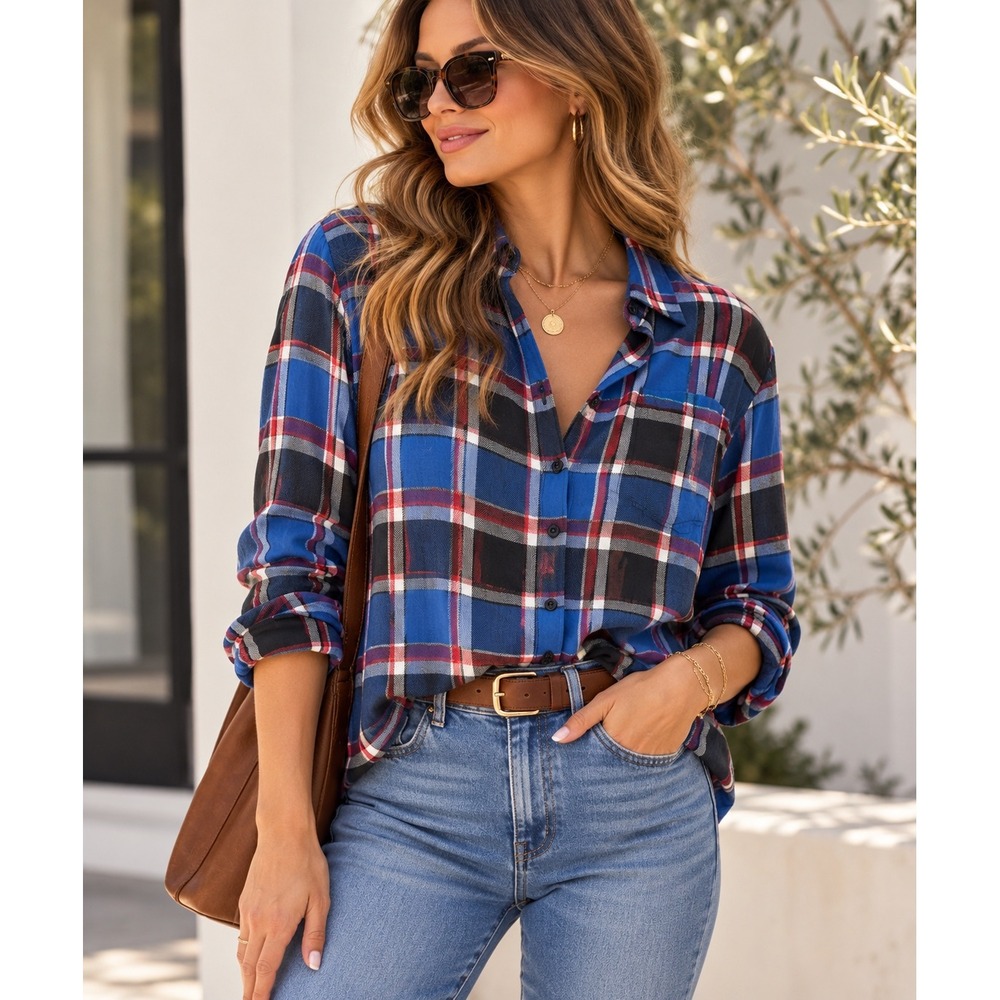 Rails Hunter Shirt L Blue Red Plaid Rayon Button Down Soft Grunge Indie Preppy